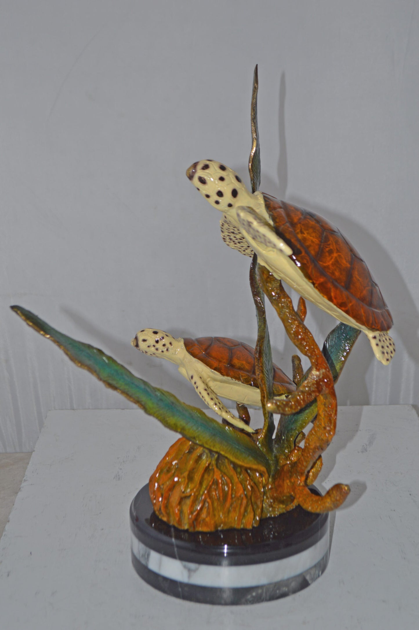 Two Brown Sea Turtles Swimming Bronze Statue - Size: 12"L x 16"W x 19"H.