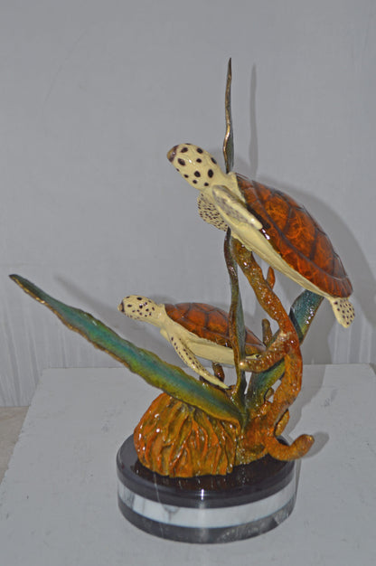 Two Brown Sea Turtles Swimming Bronze Statue - Size: 12"L x 16"W x 19"H.