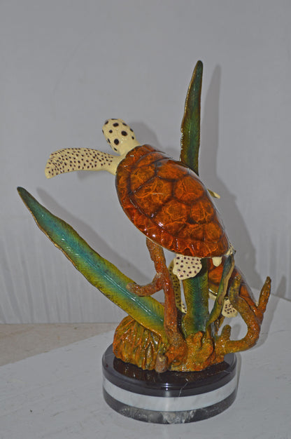 Two Brown Sea Turtles Swimming Bronze Statue - Size: 12"L x 16"W x 19"H.