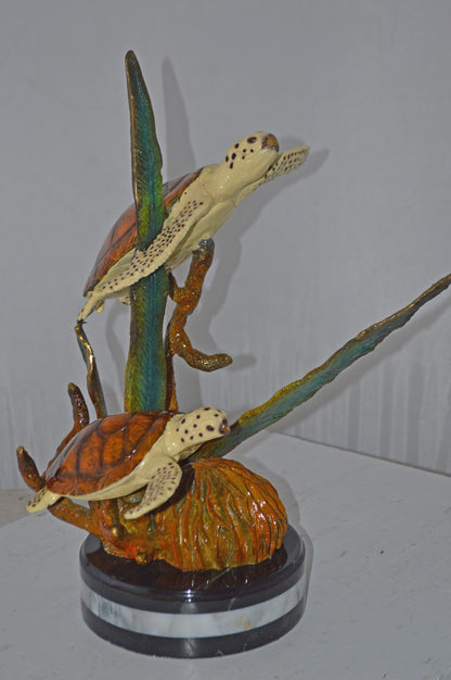 Two Brown Sea Turtles Swimming Bronze Statue - Size: 12"L x 16"W x 19"H.