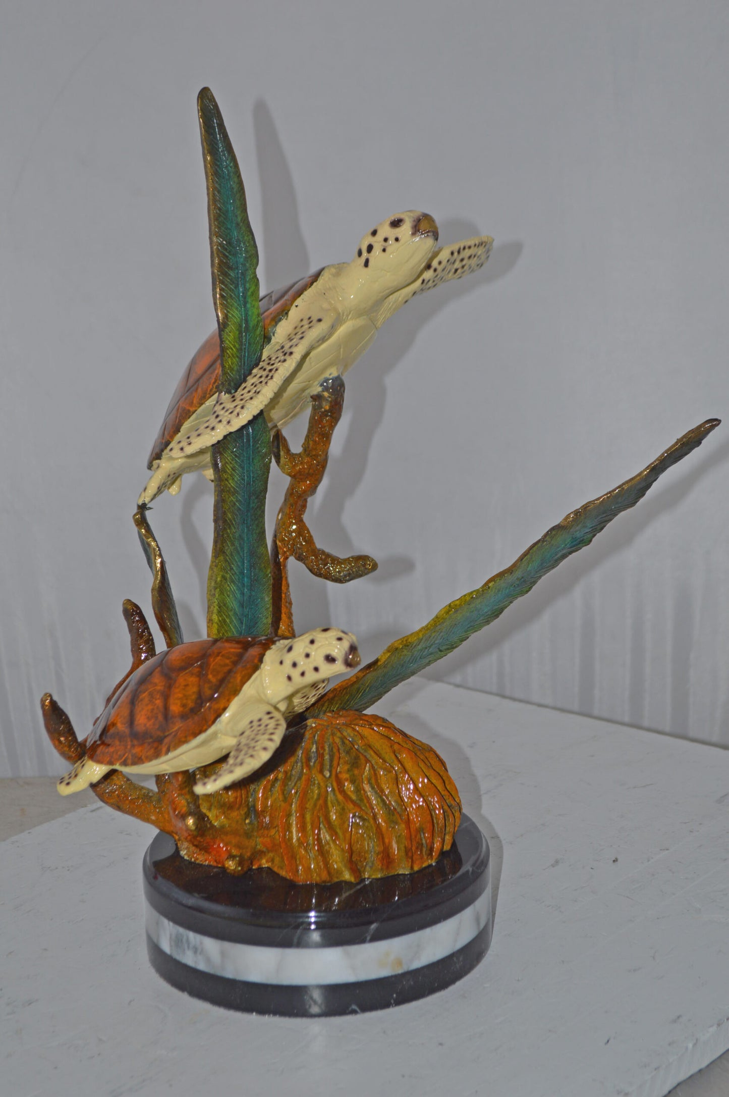 Two Brown Sea Turtles Swimming Bronze Statue - Size: 12"L x 16"W x 19"H.