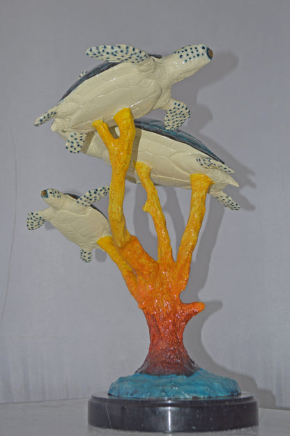 Three Turtles swimming around Corals Bronze Statue - Size: 17"L x 15"W x 19"H.