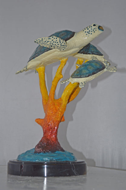 Three Turtles swimming around Corals Bronze Statue - Size: 17"L x 15"W x 19"H.
