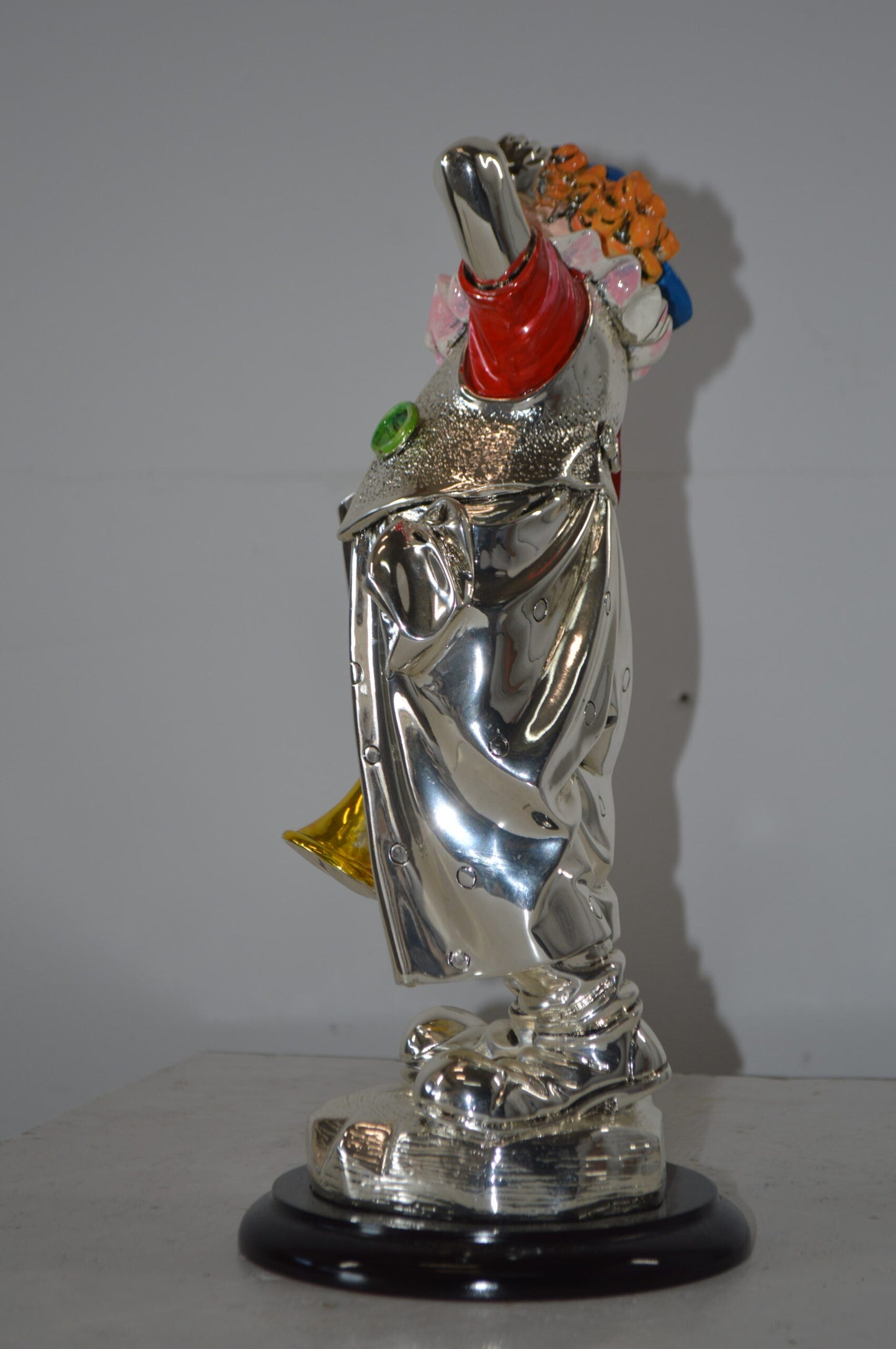 Clown plays Trumpet Resin Statue Silver finish - Size: 6"L x 6"W x 17"H.