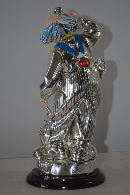 Clown Plays the Drams Resin Statue Silver finish - Size: 6"L x 6"W x 16"H.