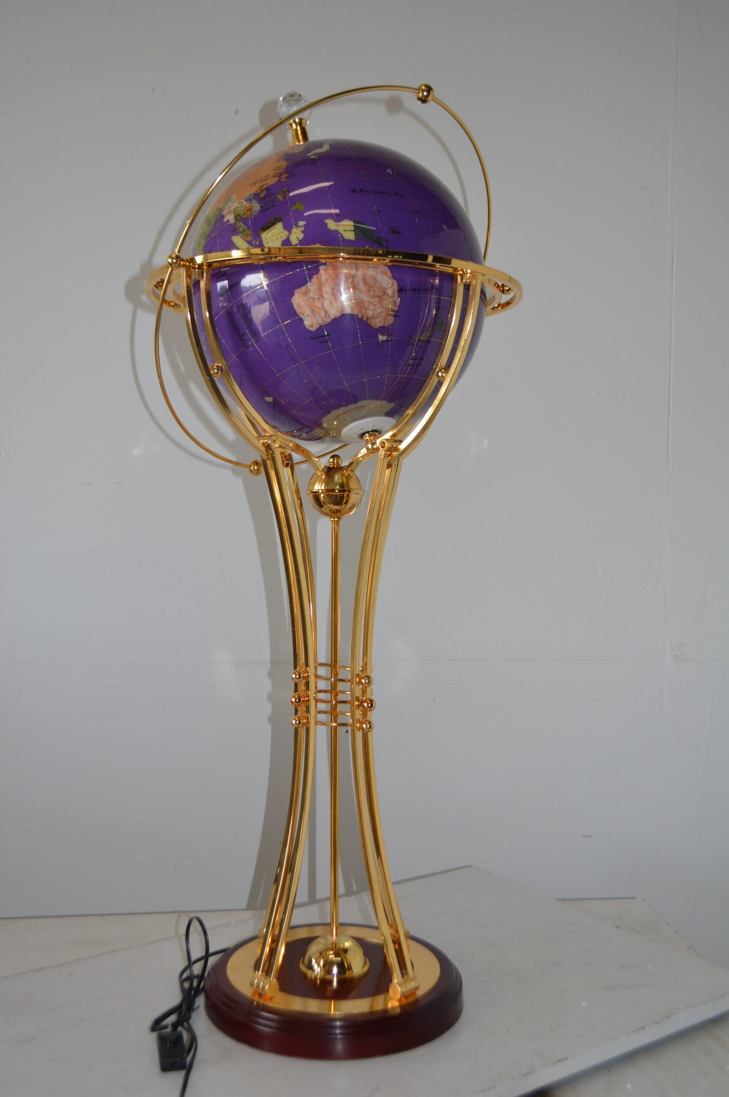 Illuminated Purple - Gold World Globe Rotated by motor - Size: 19" x 19" x 42"H