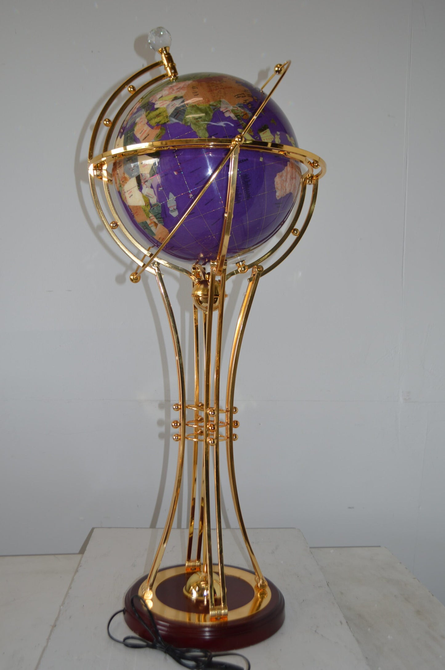 Illuminated Purple - Gold World Globe Rotated by motor - Size: 19" x 19" x 42"H