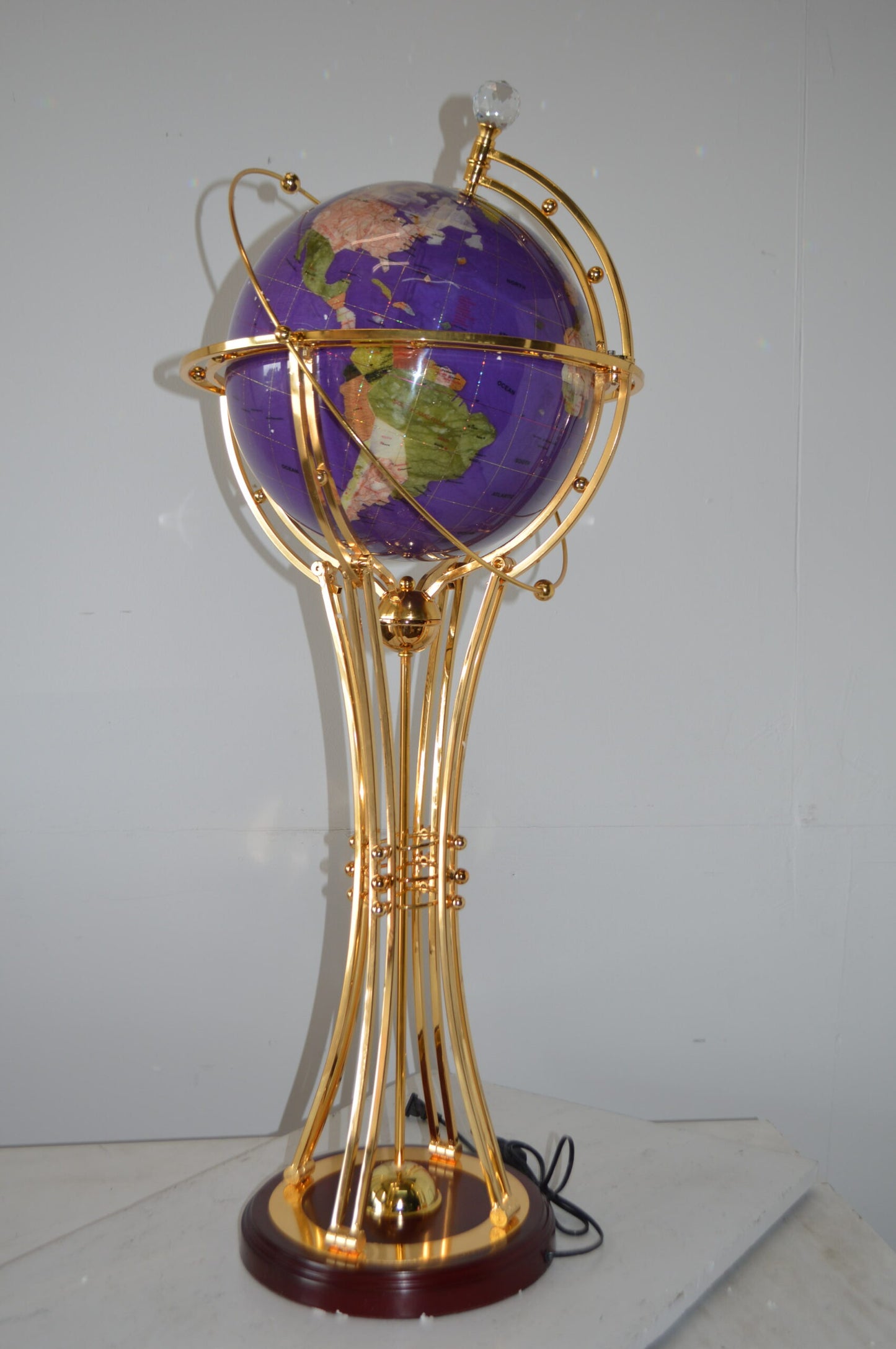 Illuminated Purple - Gold World Globe Rotated by motor - Size: 19" x 19" x 42"H