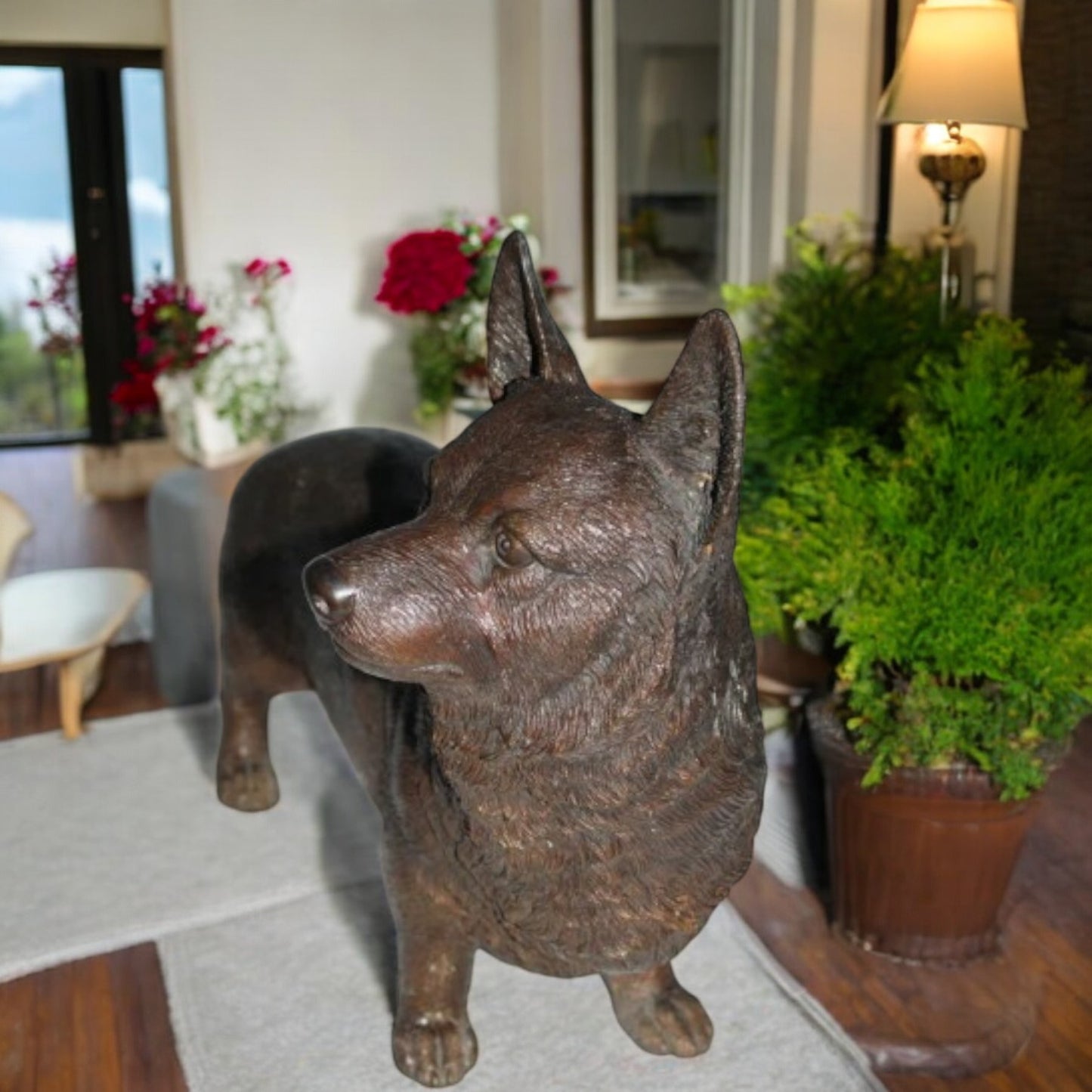 Corgi dog standing Bronze Statue -  Size: 20"L x 8"W x 15"H.