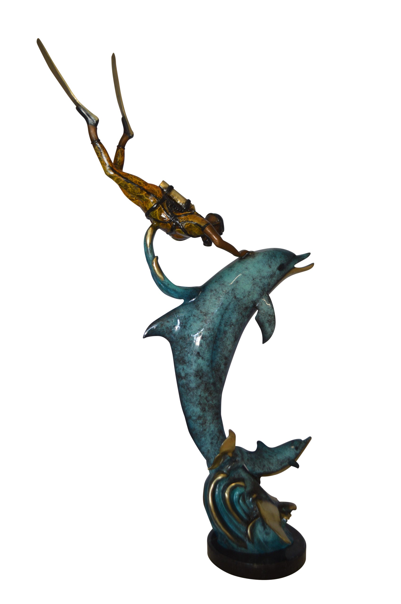 Diver With Dolphin Bronze Statue -  Size: 10"L x 30"W x 49"H. 
