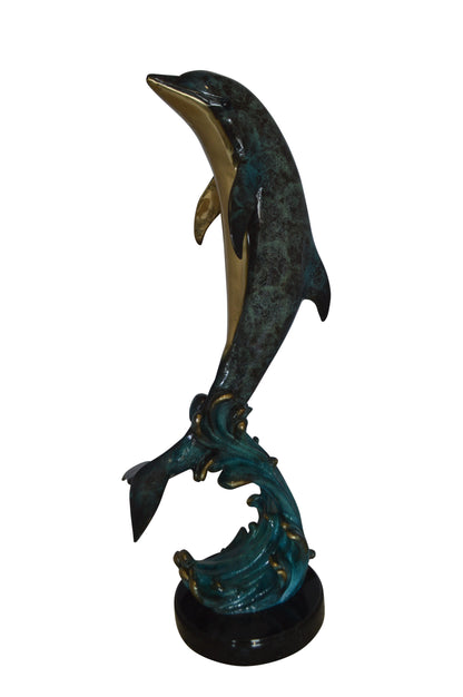 Dolphin Fountain  On A Marble Base Bronze Statue -  Size: 12"L x 8"W x 30"H. 