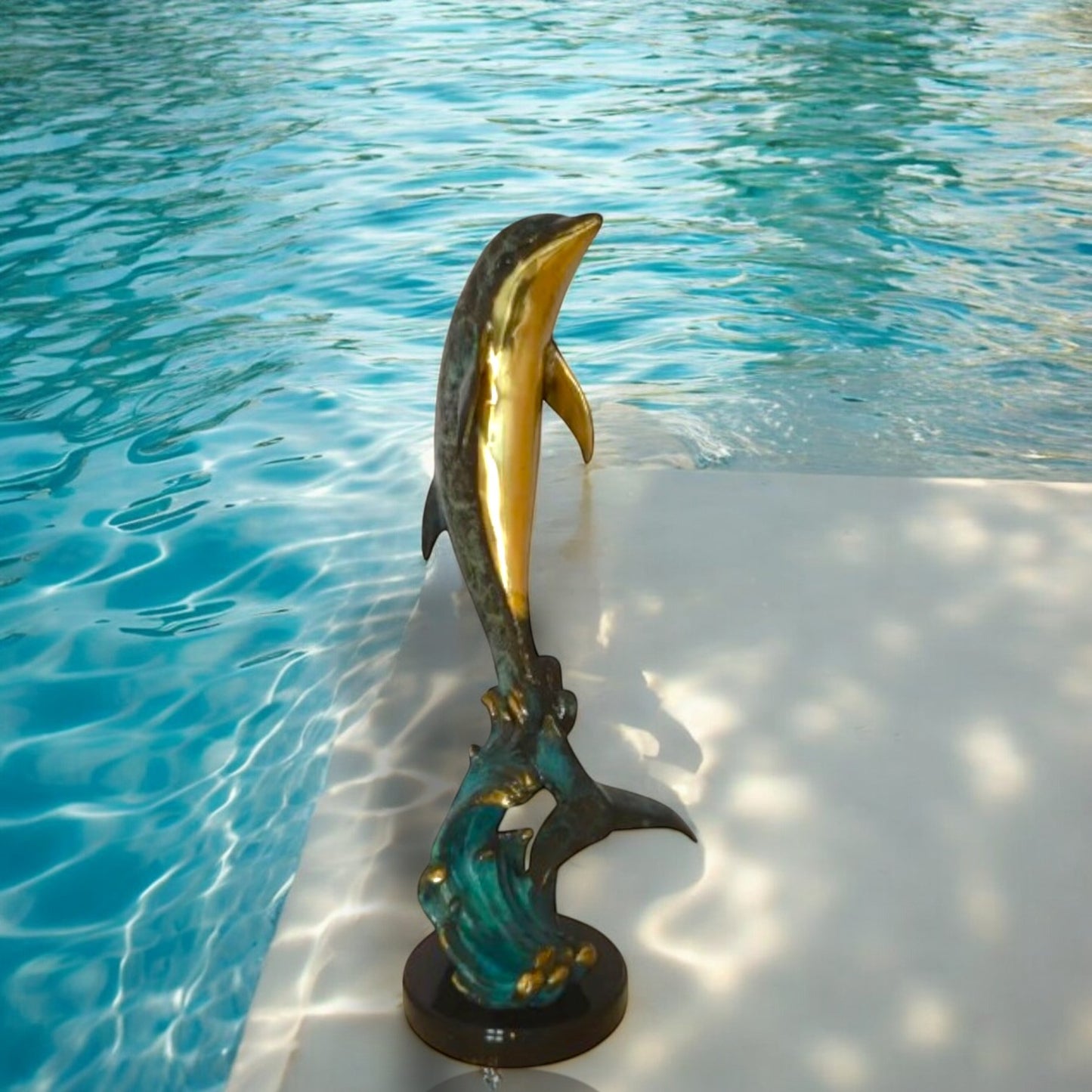 Dolphin Fountain  On A Marble Base Bronze Statue -  Size: 12"L x 8"W x 30"H.
