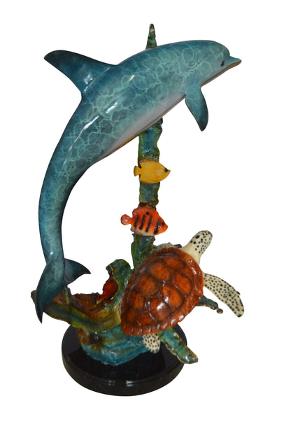 Dolphin , Turtle And Fish Bronze Statue -  Size: 18"L x 16"W x 25"H. 