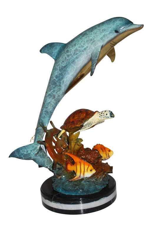 Dolphin turtle and 2 fish Bronze Statue -  Size: 18"L x 16"W x 25"H. 