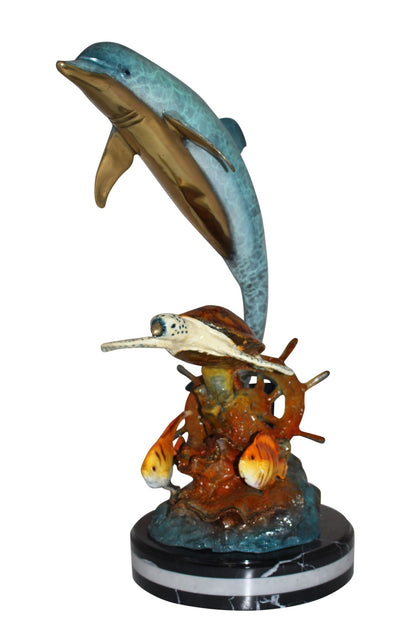 Dolphin turtle and 2 fish Bronze Statue -  Size: 18"L x 16"W x 25"H. 