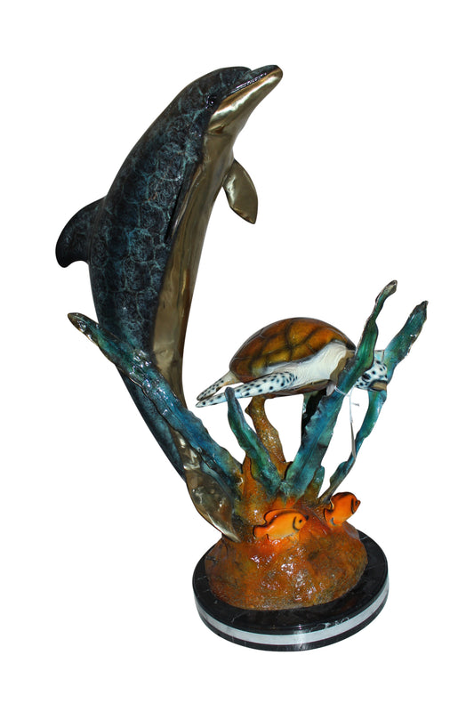 Dolphin with large turtle Bronze Statue -  Size: 30"L x 30"W x 44"H. 