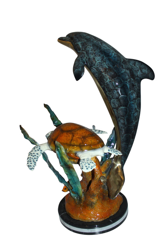 Dolphin with large turtle Bronze Statue -  Size: 30"L x 30"W x 44"H. 