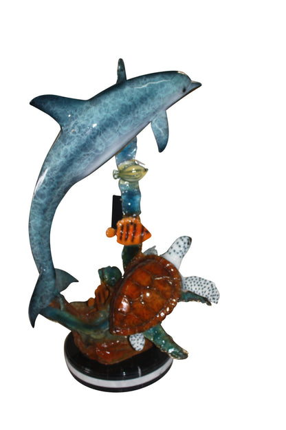 Dolphin with two fish and one turtle Statue -  Size: 22"L x 12"W x 32"H. 