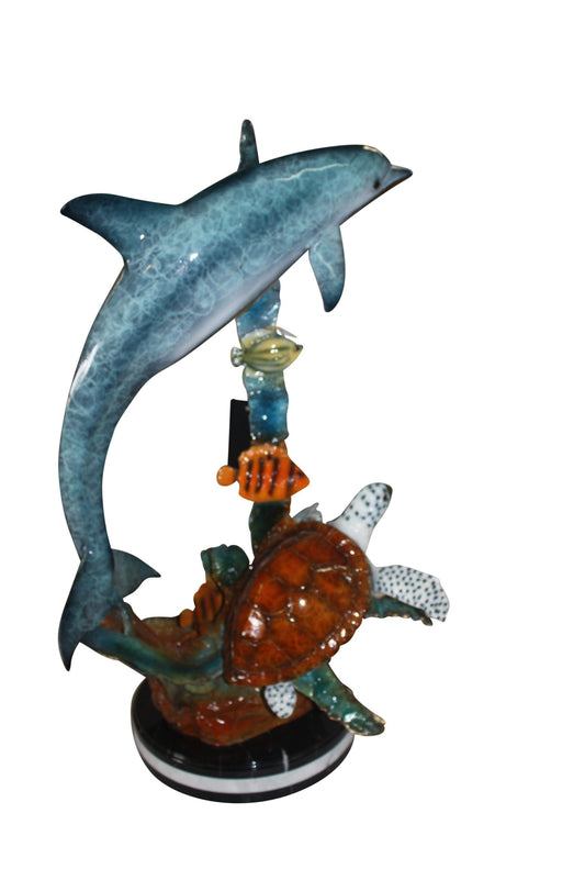 Dolphin with two fish and one turtle Statue -  Size: 22"L x 12"W x 32"H. 