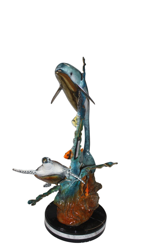 Dolphin with two fish and one turtle Statue -  Size: 22"L x 12"W x 32"H. 