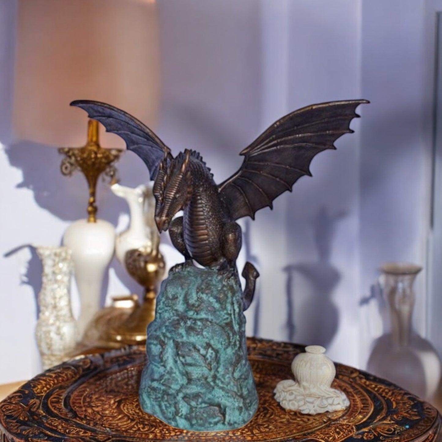 Dragon Standing on a Rock Bronze Statue Fountain - Size: 23"L x 18"W x 23"H.