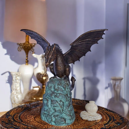 Dragon Standing on a Rock Bronze Statue Fountain - Size: 23"L x 18"W x 23"H.