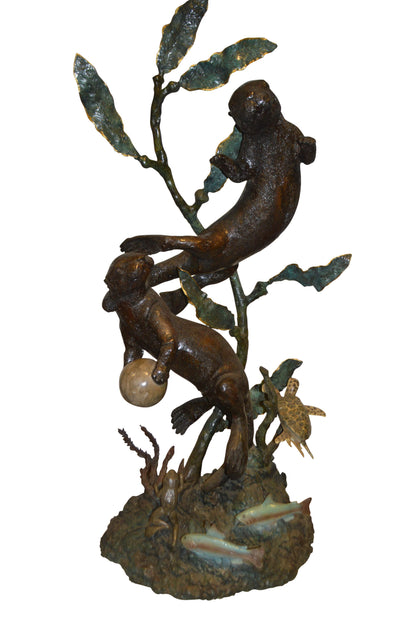 Duet of Otters Bronze Statue Fountain -  Size: 24"L x 20"W x 64"H.