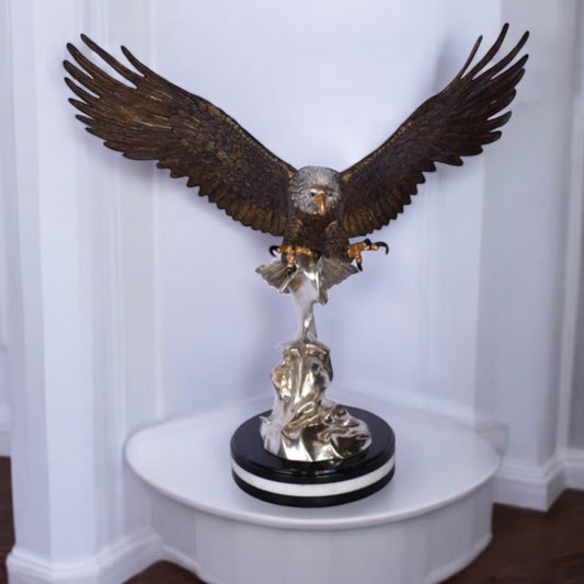 Eagle Coming to Landing Mounted on Marble Bronze Statue Size: 32" x 13" x 30"H