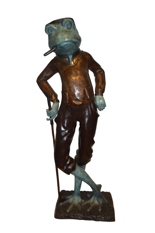Frog With Cigar Plays Golf Bronze Statue -  Size: 24"L x 15"W x 64"H.