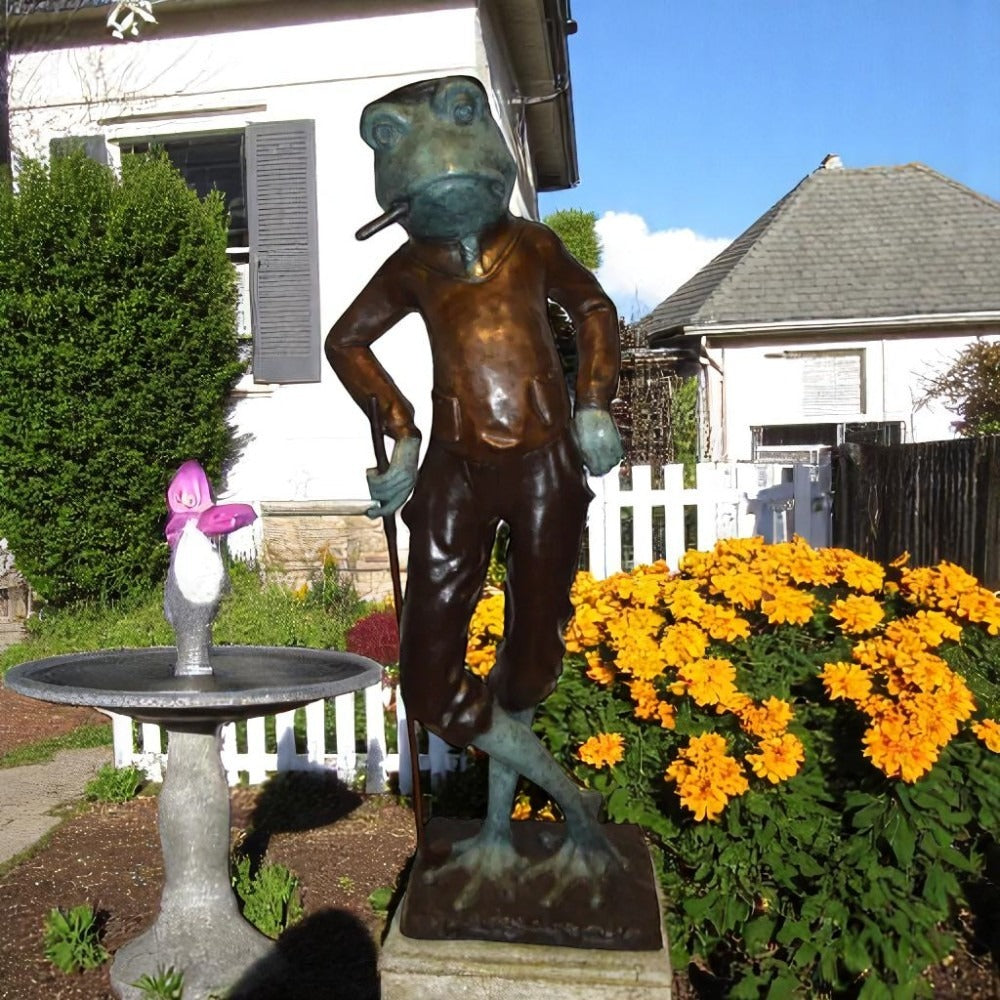 Frog With Cigar Plays Golf Bronze Statue -  Size: 24"L x 15"W x 64"H.