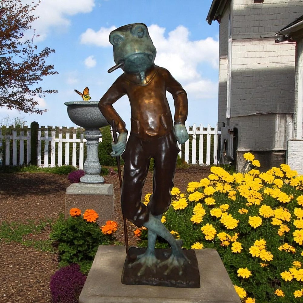 Frog With Cigar Plays Golf Bronze Statue -  Size: 24"L x 15"W x 64"H.