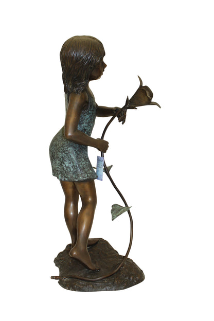 Girl Holding a Flower Fountain Bronze Statue -  Size: 15"L x 15"W x 35"H. 