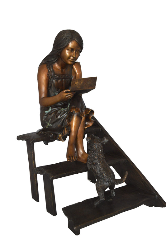 Girl Reading Letters on the Stairs Bronze Statue -  Size: 32"L x 22"W x 40"H. 