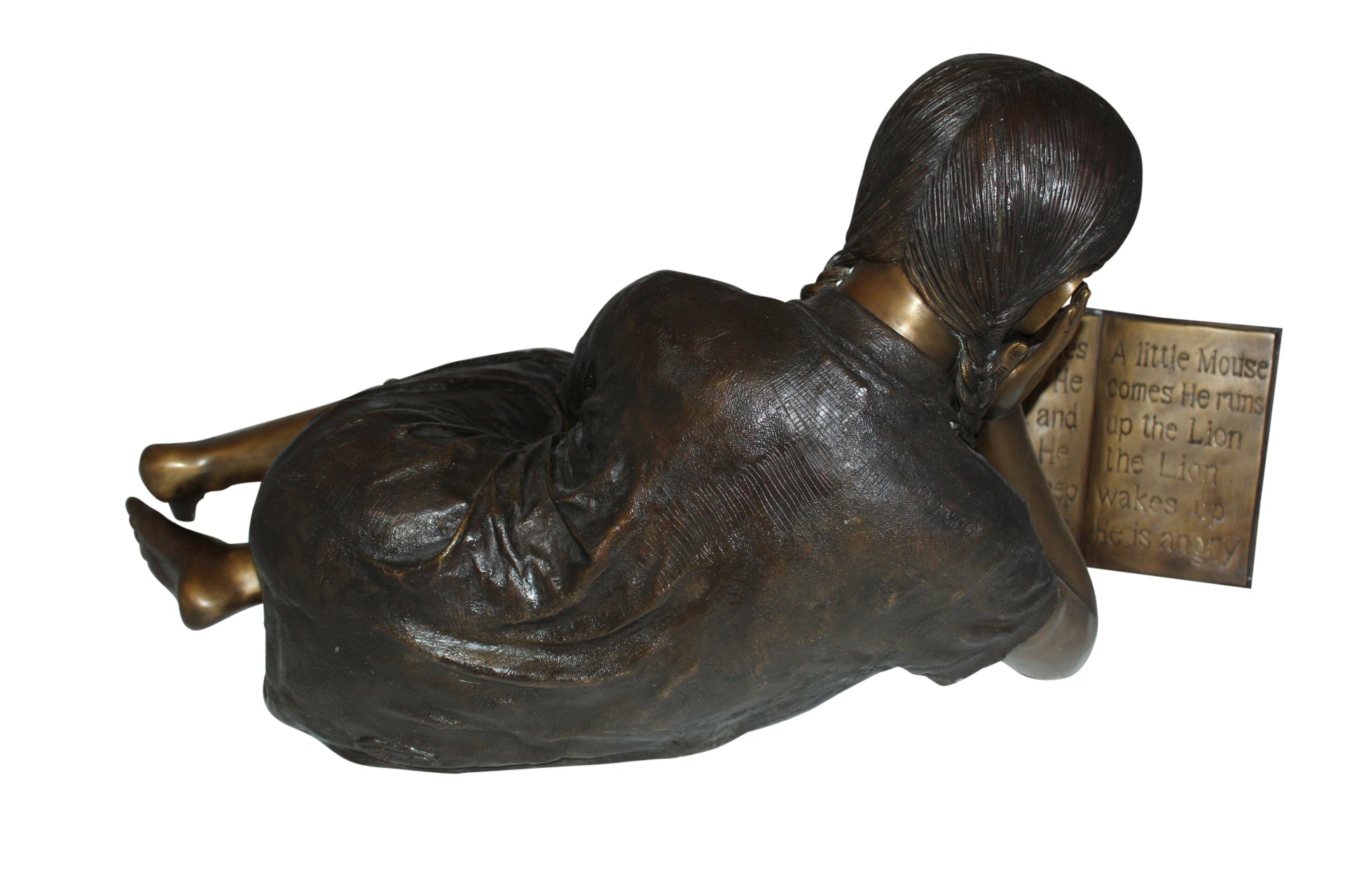 Girl laying reading a book Bronze Statue -  Size: 36"L x 17"W x 18"H. 