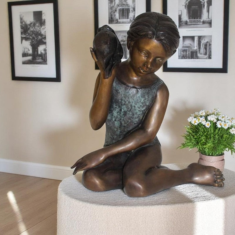 17" Girl listening To A Shell Fountain Statue