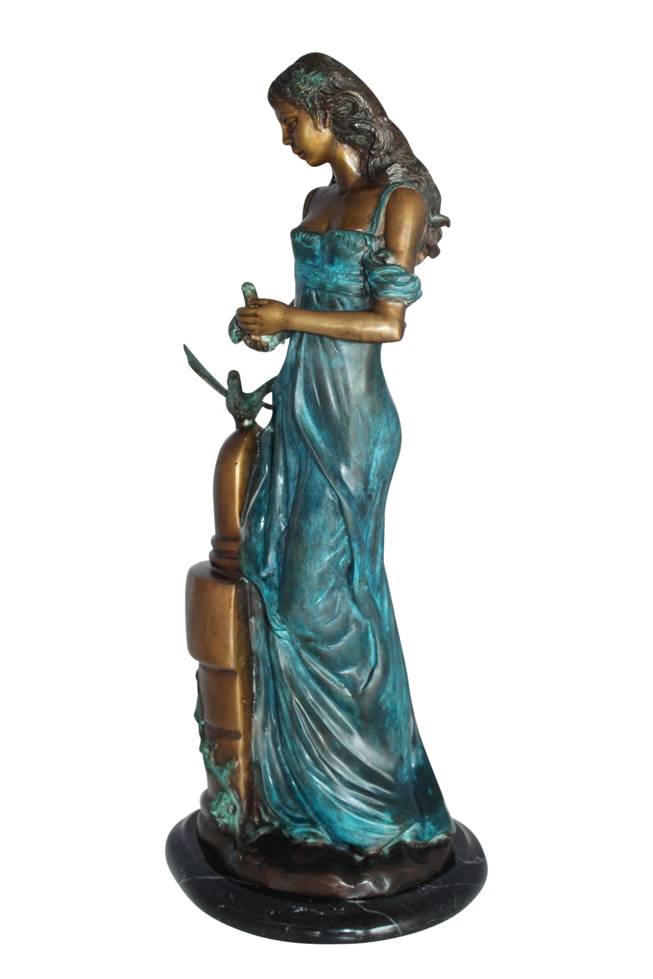 Girl with a Bird Bronze Statue -  Size: 7"L x 7"W x 18"H. 