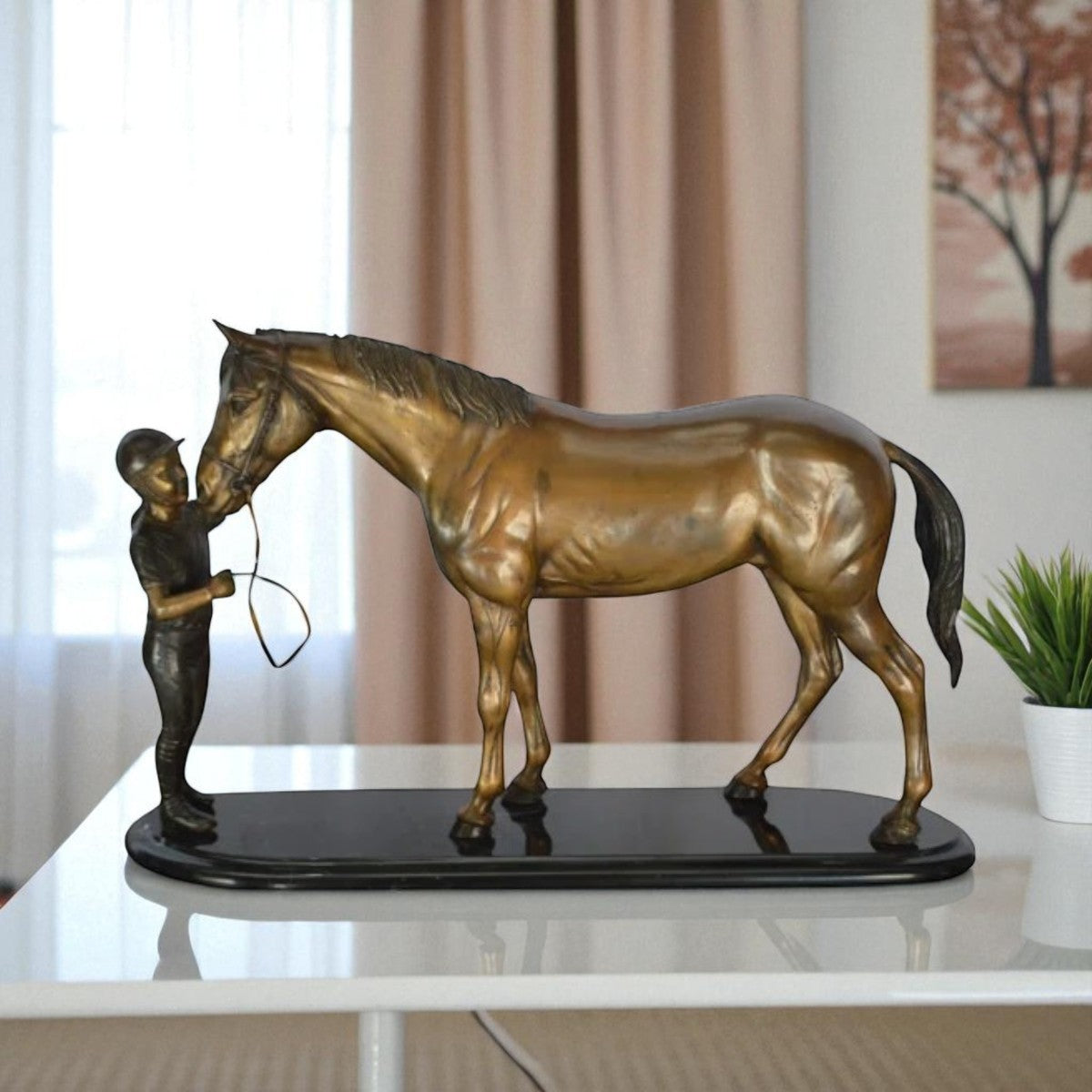 Girl Kisses Her Horse Bronze Statue on Marble Base -  Size: 23"L x 6"W x 15"H.