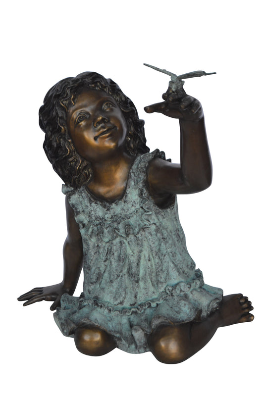 Girl Playing With Butterfly Bronze Statue -  Size: 21"L x 15"W x 19"H.