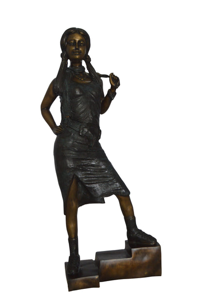 Girl Posing on Steps Bronze Statue -  Size: 7"L x 12"W x 33"H.