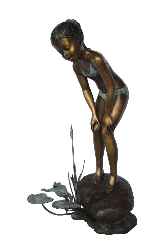 Girl looking at frog jumping bronze fountain -  Size: 21"L x 15"W x 38"H.