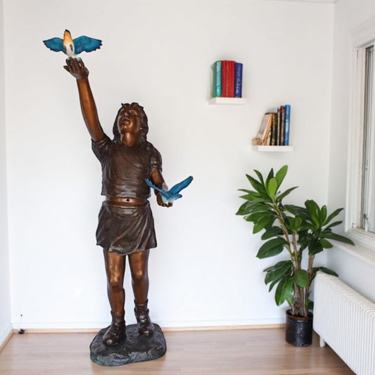 Girl, sandy, with two Blue birds Bronze Statue - Size: 25"L x 23"W x 41"H.
