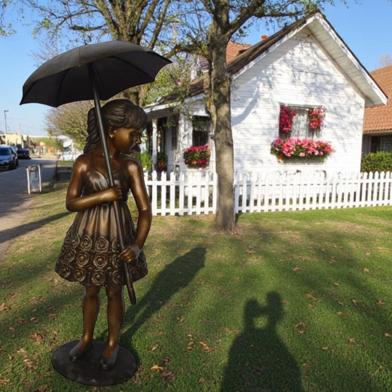 Girl with Elegant Dress W Umbrella Bronze Statue -  Size: 22"L x 22"W x 48"H.