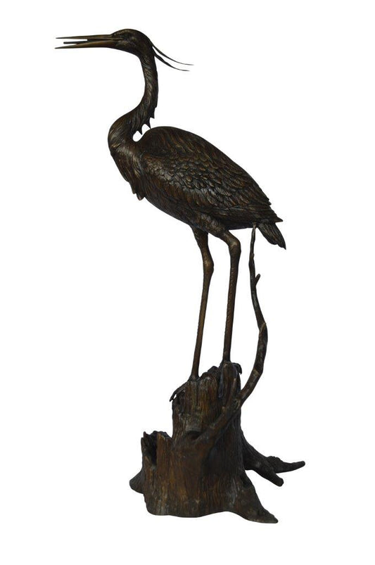 Great blue heron perched bronze statue Fountain -  Size: 22"L x 21"W x 49"H.