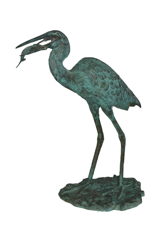 Heron Fountain with Prey Bronze Statue -  Size: 14"L x 24"W x 26"H.