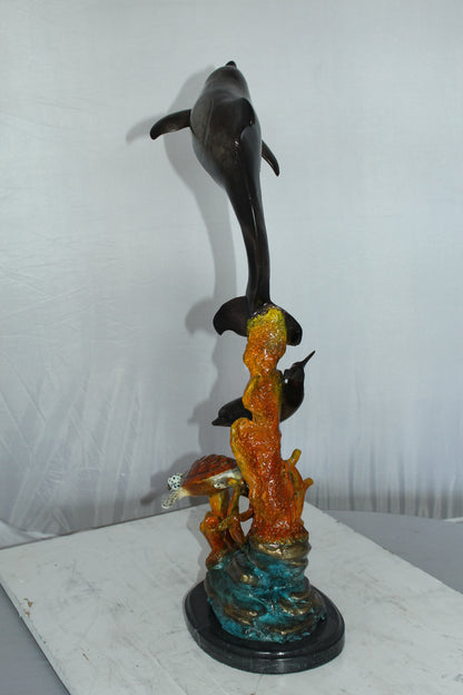 Two Dolphins with Turtle bronze statue -  Size: 14"L x 8"W x 28"H. 