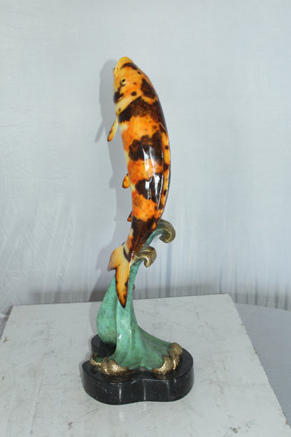 Coy Fish Jumping off the Water Bronze Statue -  Size: 10"L x 9"W x 22"H. 