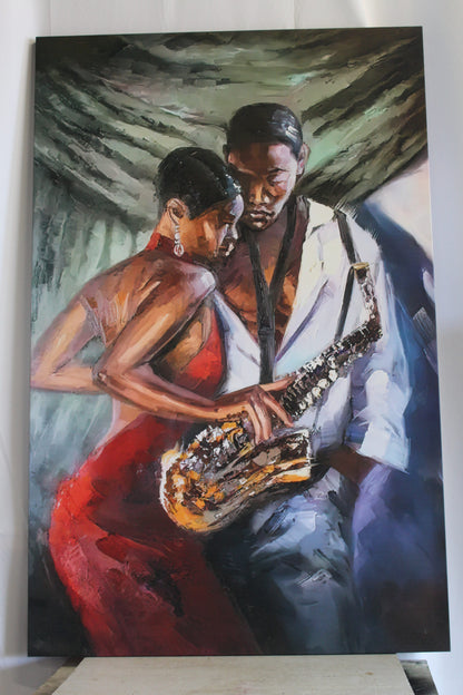 Giant Intimate Jazz Lovers Embracing Stretched Canvas Painting 70 x 45