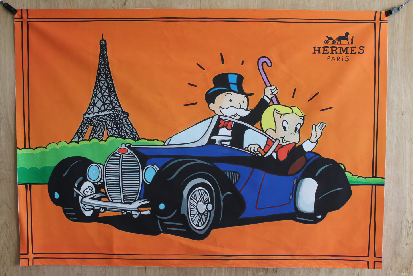 Monopoly Man and Richie Rich Driving in Paris Unframed Canvas Painting 52 x 74