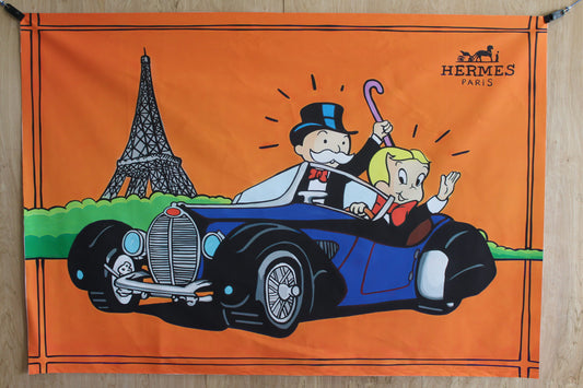 Monopoly Man and Richie Rich Driving in Paris Unframed Canvas Painting 52 x 74