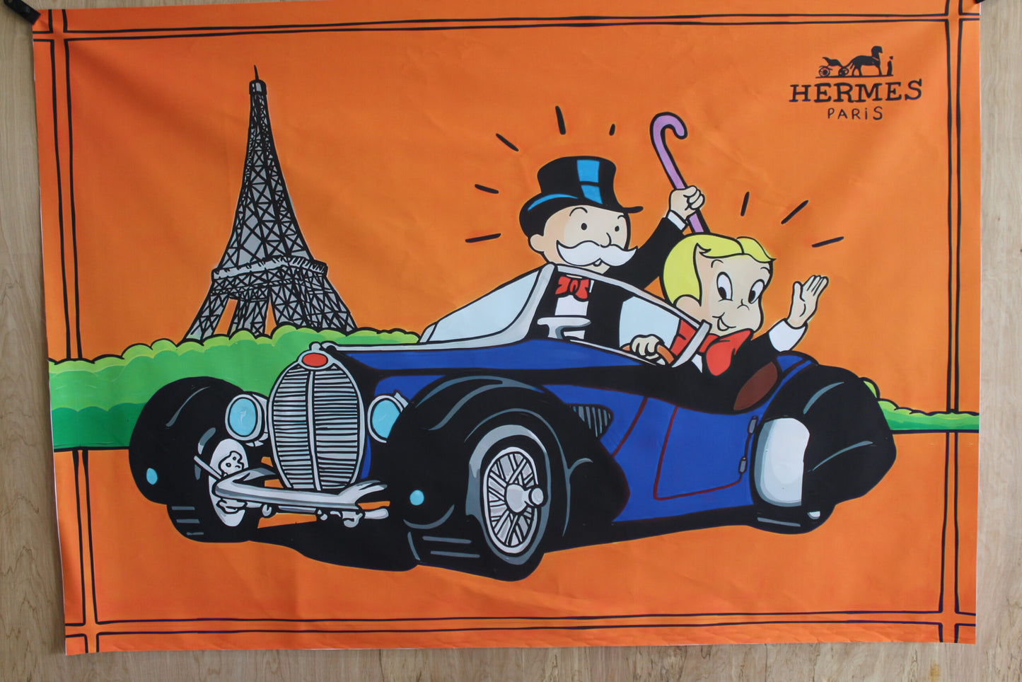 Monopoly Man and Richie Rich Driving in Paris Unframed Canvas Painting 52 x 74